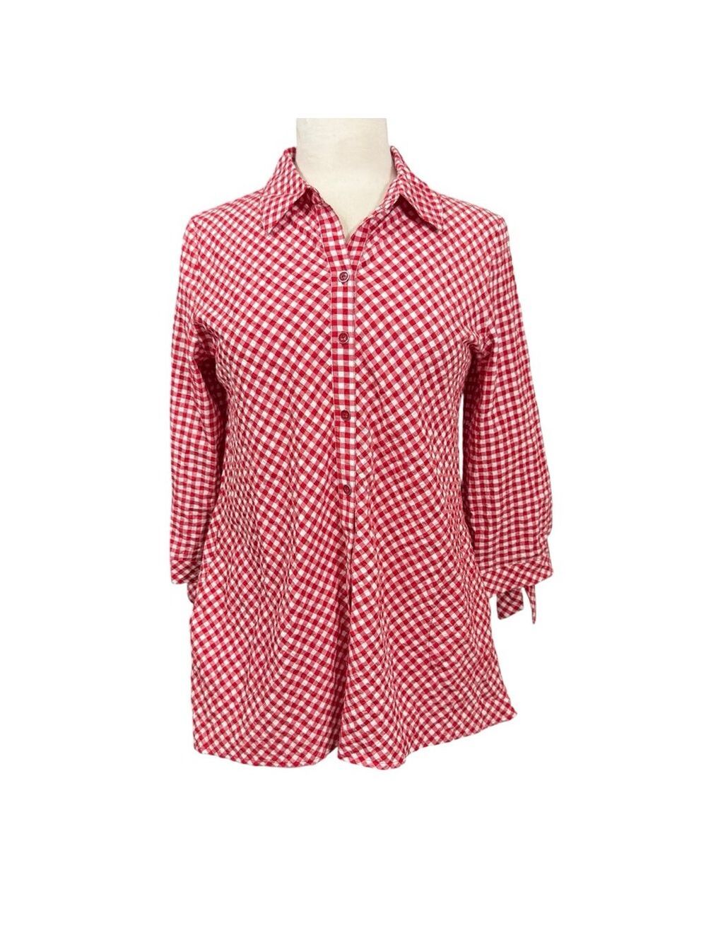 Susan Graver Red‎ White Gingham Button Front Blouse Size 2
